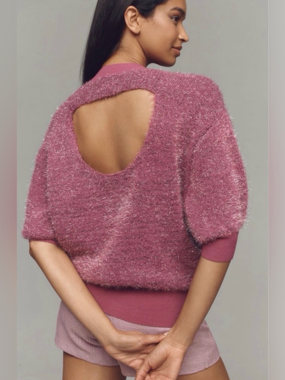 Anthropologie Maeve Violetta Pink Tinsel Open Back Holiday Party Sweater Top XXS